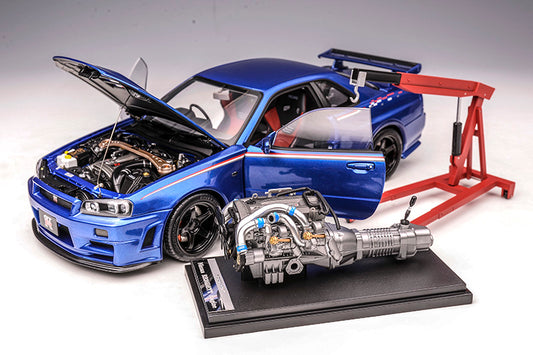 1/18 Motorhelix Nissan Skyline GT-R R34 Nismo Customized Decal JDM Blue White Silver Diecast Full Open with Engine Model