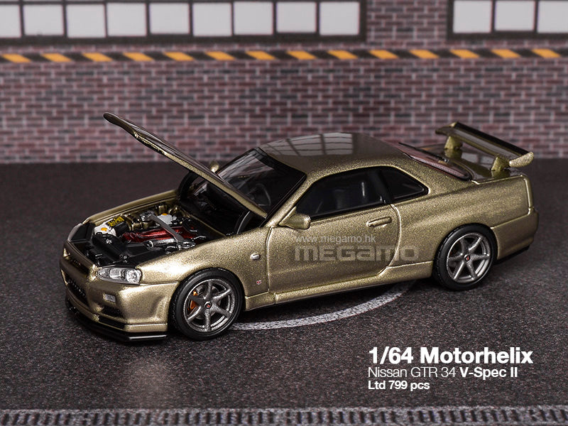 Pre Order Free Shipping 1/64 Motorhelix Nissan Skyline GT-R R34 V-Spec II Open Bonnet Diecast Model