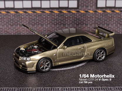 Pre Order Free Shipping 1/64 Motorhelix Nissan Skyline GT-R R34 V-Spec II Open Bonnet Diecast Model