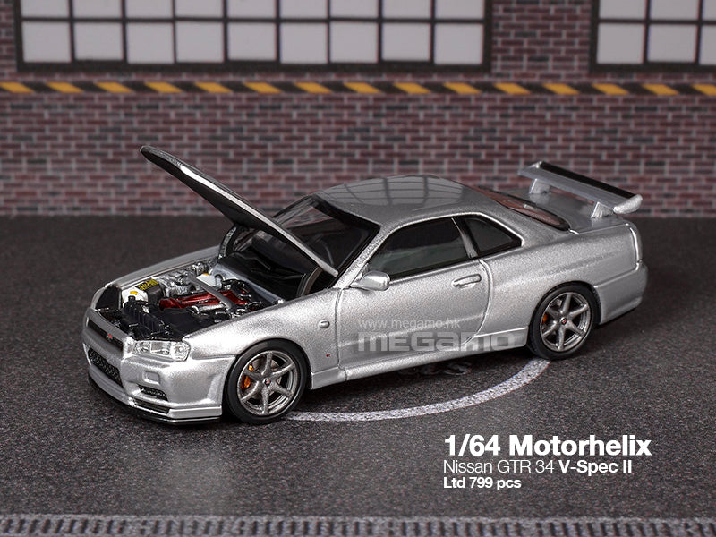 Pre Order Free Shipping 1/64 Motorhelix Nissan Skyline GT-R R34 V-Spec II Open Bonnet Diecast Model