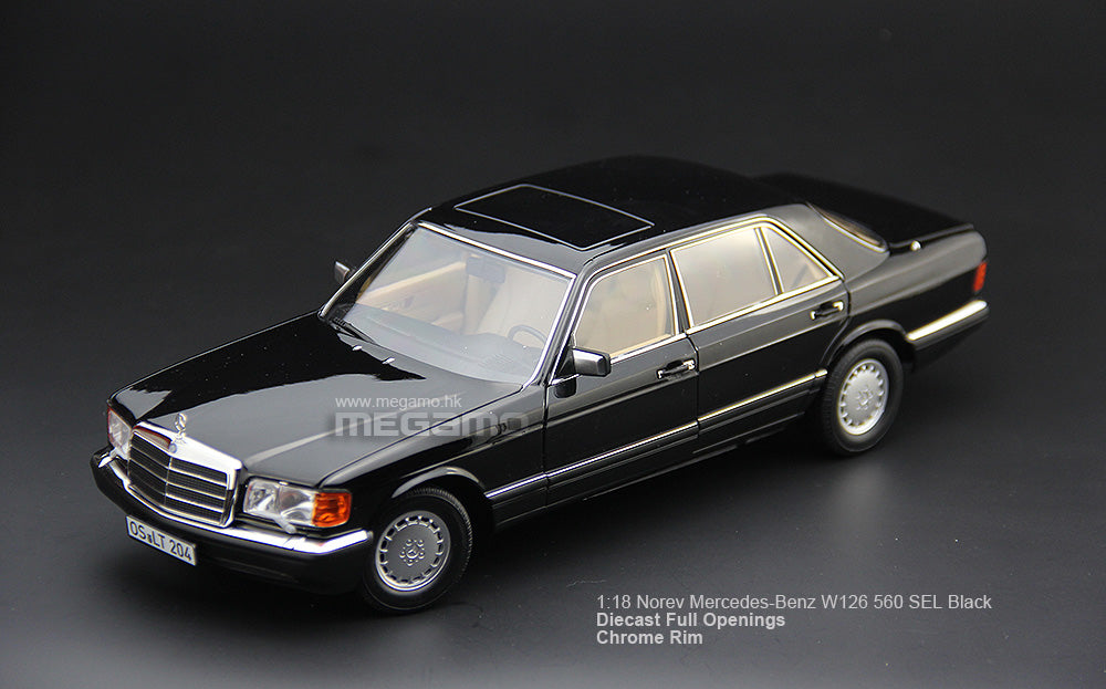 1/18 Norev Mercedes-Benz 560 SEL W126 1989 Black Diecast Full Openings -  Beige Interior / Silver Rim