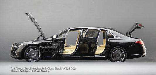 1/18 Almost Real Mercedes-Maybach S680 W223 Z223 Obsidian Black 4 Wheels Turn Full Open Diecast