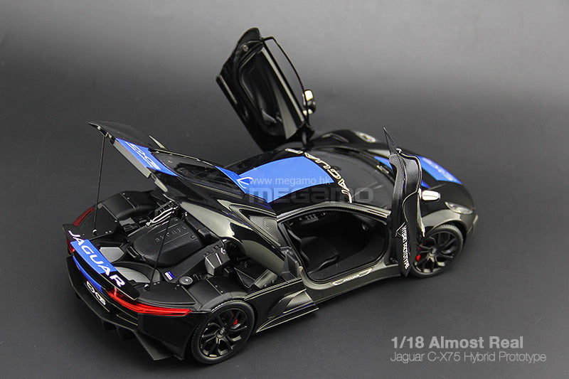 1/18 Almost Real Jaguar C-X75 2013 Hybrid Prototype Black w/ Blue Stripes Diecast 3 Openings Ltd 300 Pcs