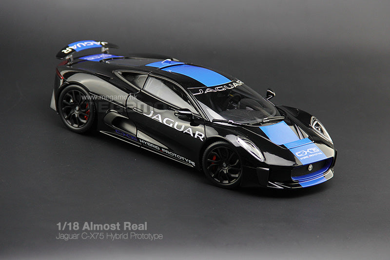 1/18 Almost Real Jaguar C-X75 2013 Hybrid Prototype Black w/ Blue Stripes Diecast 3 Openings Ltd 300 Pcs