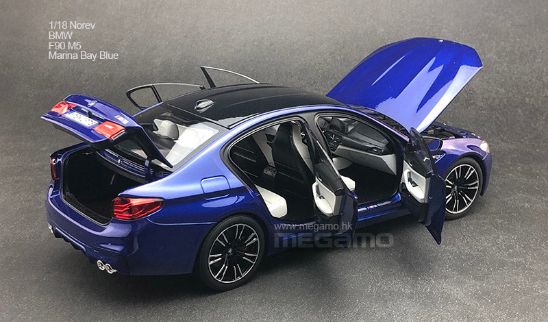 1/18 NOREV BMW F90 M5 Marina Bay Blue Dealer Ed Diecast Full Open