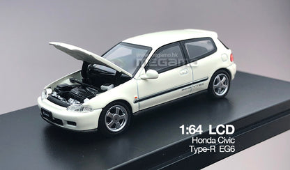 Free Shipping 1/64 LCD Honda Civic EG6 1995 Red Blue Yellow White Black Silver JDM Open bonnet