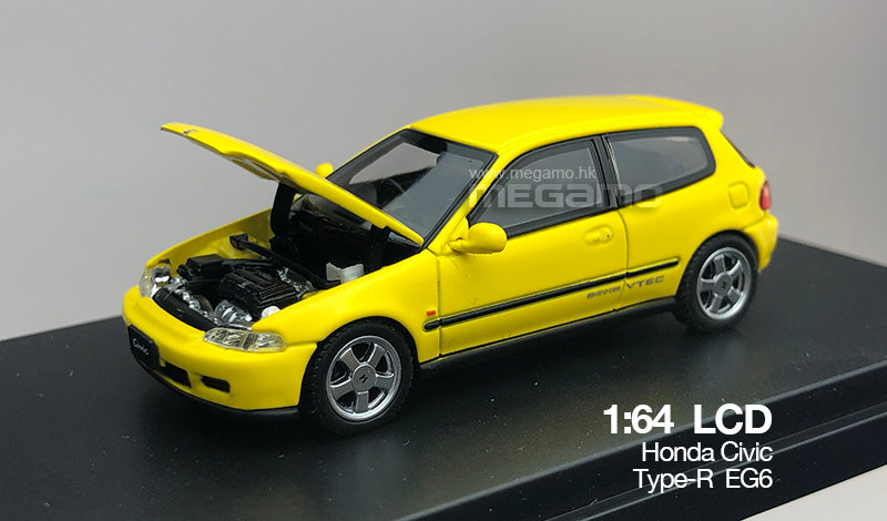 Free Shipping 1/64 LCD Honda Civic EG6 1995 Red Blue Yellow White Black Silver JDM Open bonnet